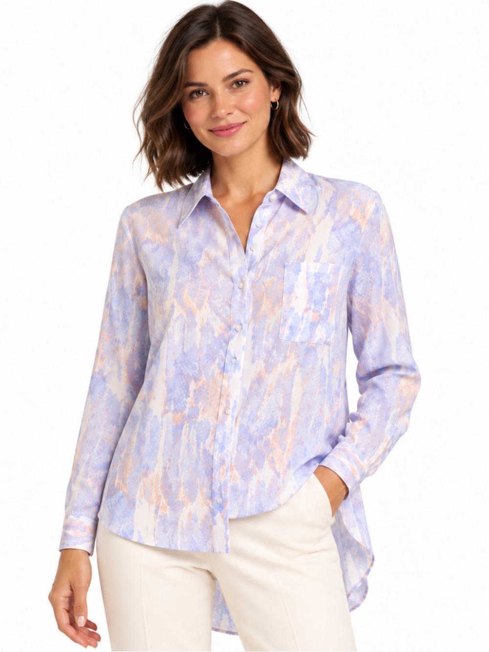 Nine West Abstract Watercolor High-Low Button-Down Blouse XS
